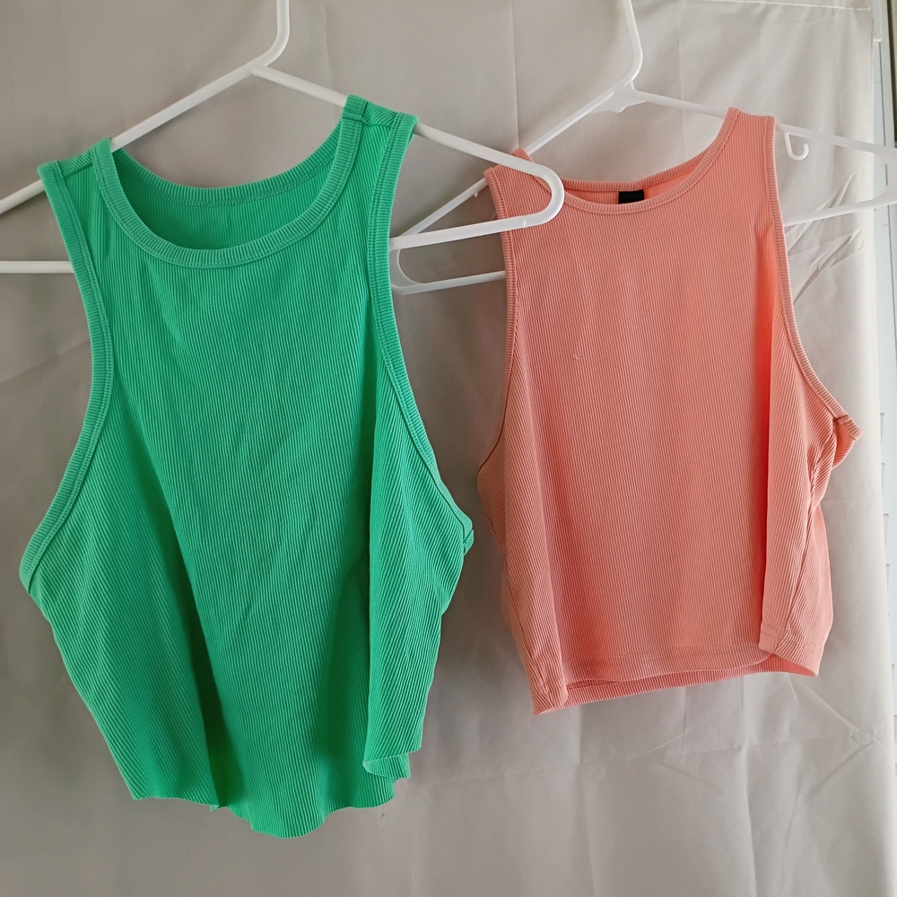SHEIN Ribbed Tank Tops - Green and Peach